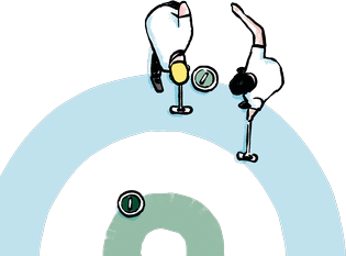 Hand drawing of two curlers on the ice, from the hotel's own footer