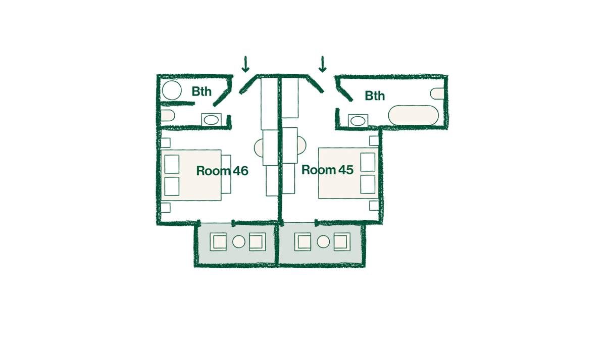 Floor plan of the two connecting rooms of a Prestige Family, Jungfrau view