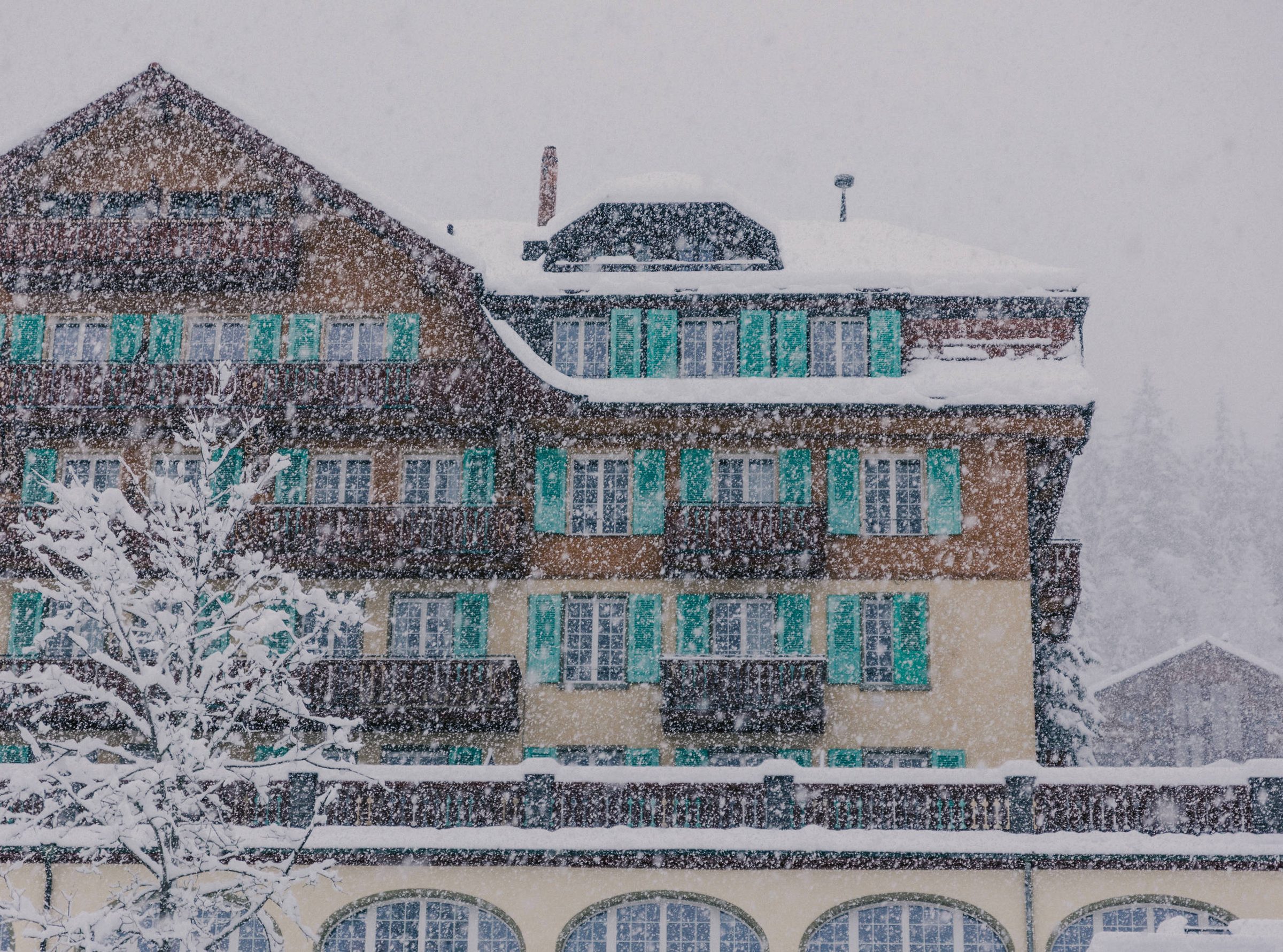 The Belvedere facade with turquoise shutters in falling snow