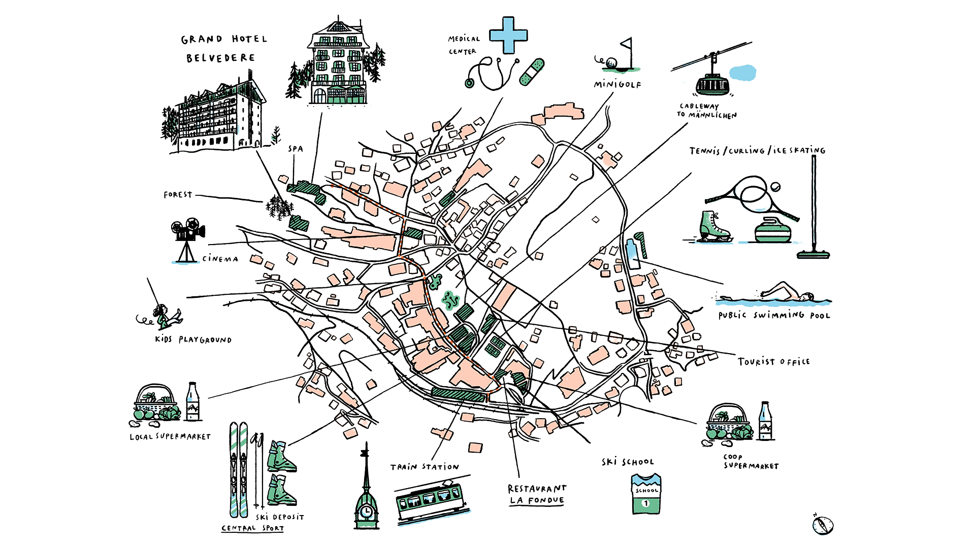 The hotel's hand-drawn map of Wengen: a dotted route runs from the train station through the village to Grand Hotel Belvedere at the forest edge, past the cinema, the ski school and the cableway to Männlichen