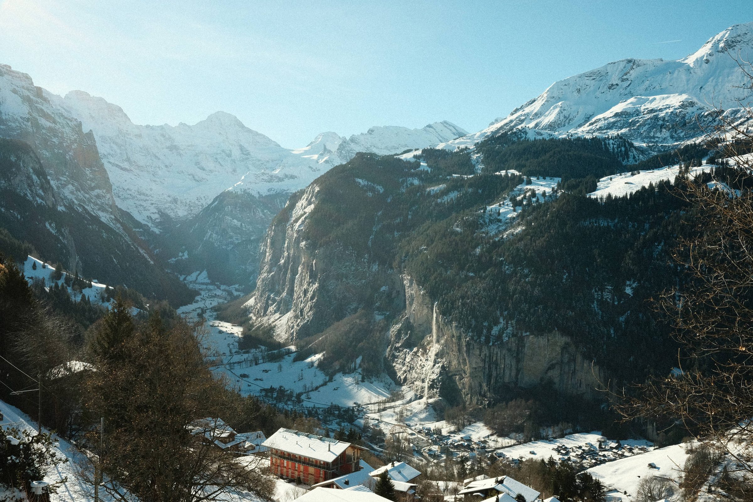 The Lauterbrunnen Valley in snow, seen from the hotel